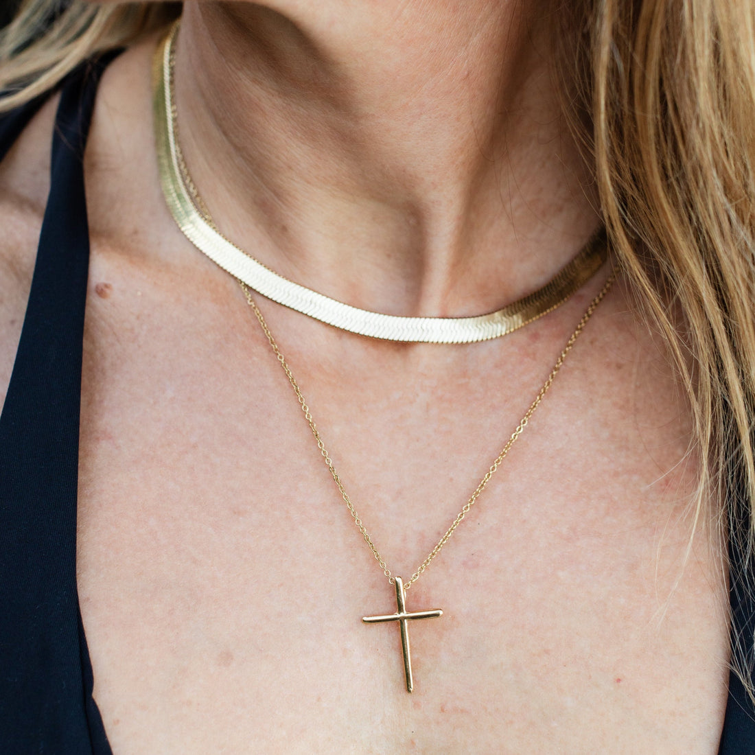 Gold Snake Chain & Cross Necklace Set
